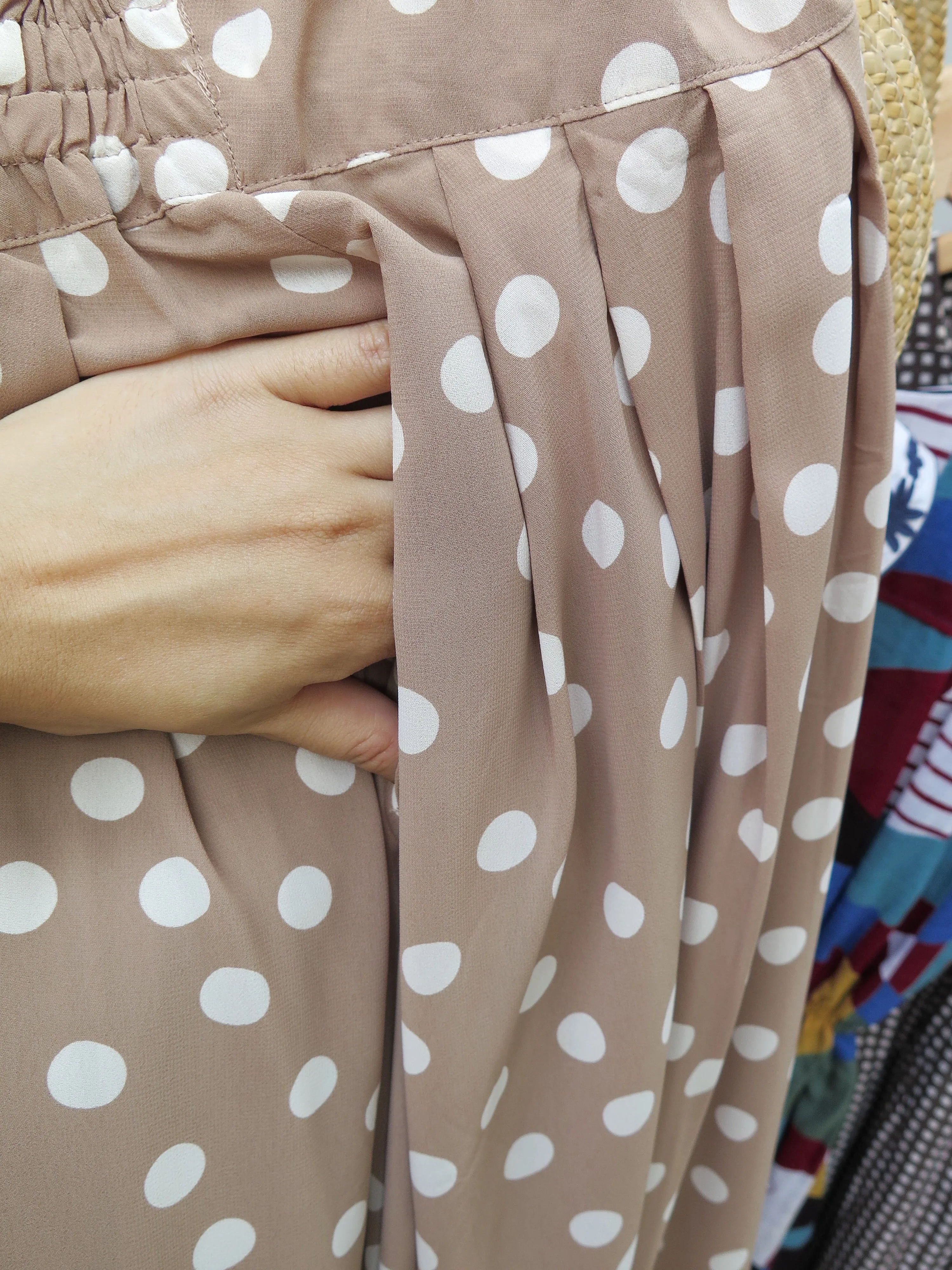 Khelli | Vintage 1980s-does-1950s light khaki brown polka dot dress luxurious touch 