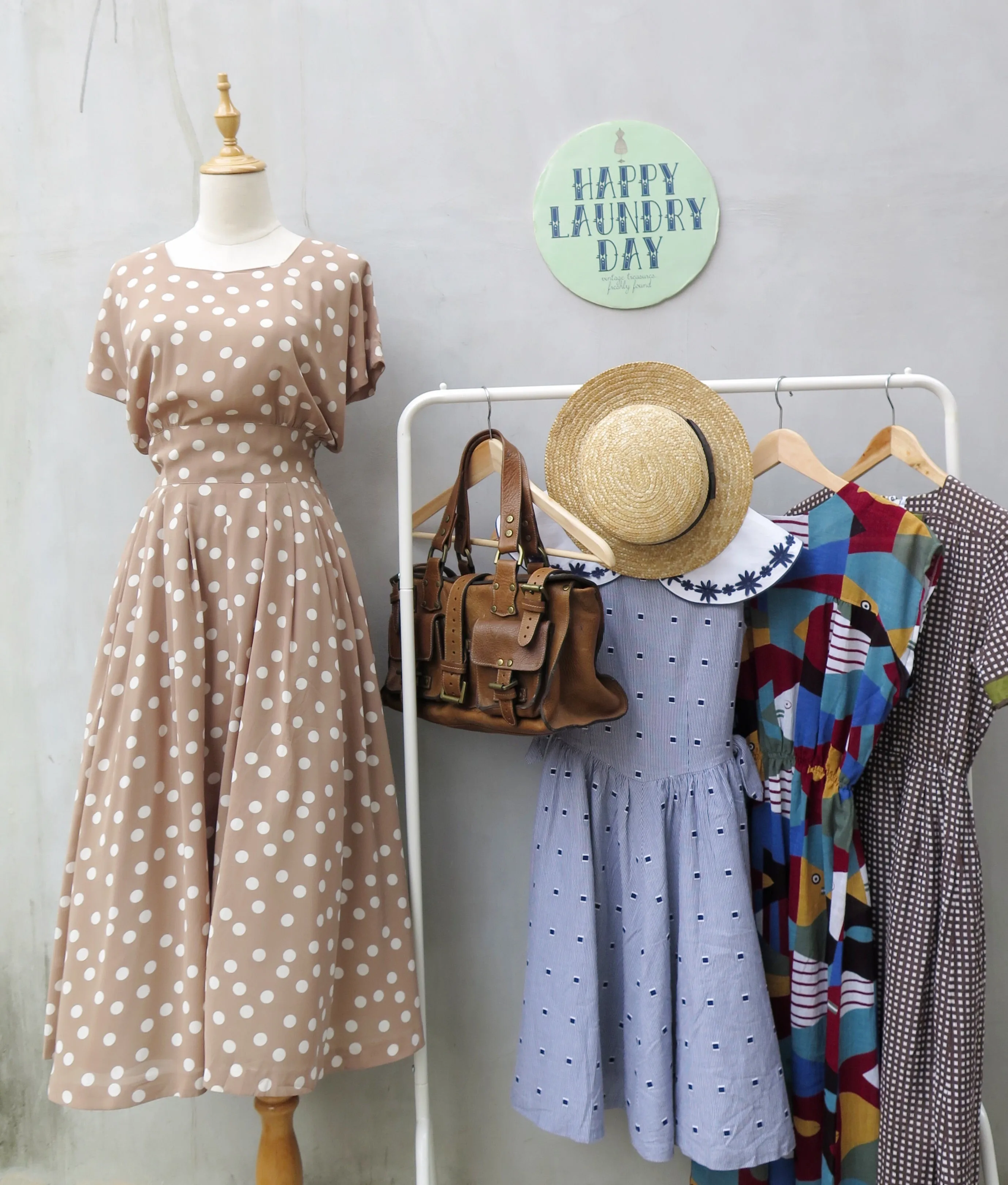 Khelli | Vintage 1980s-does-1950s light khaki brown polka dot dress luxurious touch 