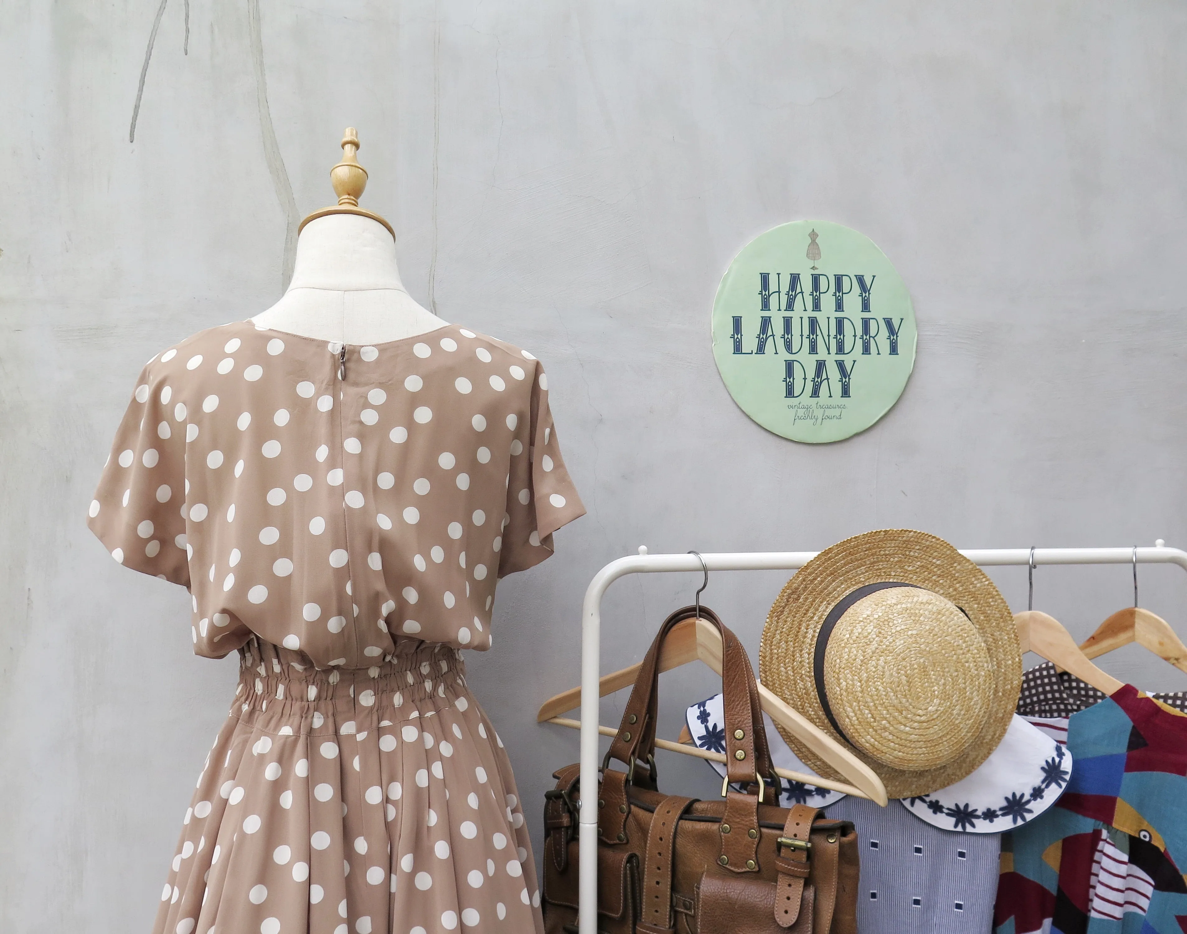 Khelli | Vintage 1980s-does-1950s light khaki brown polka dot dress luxurious touch 