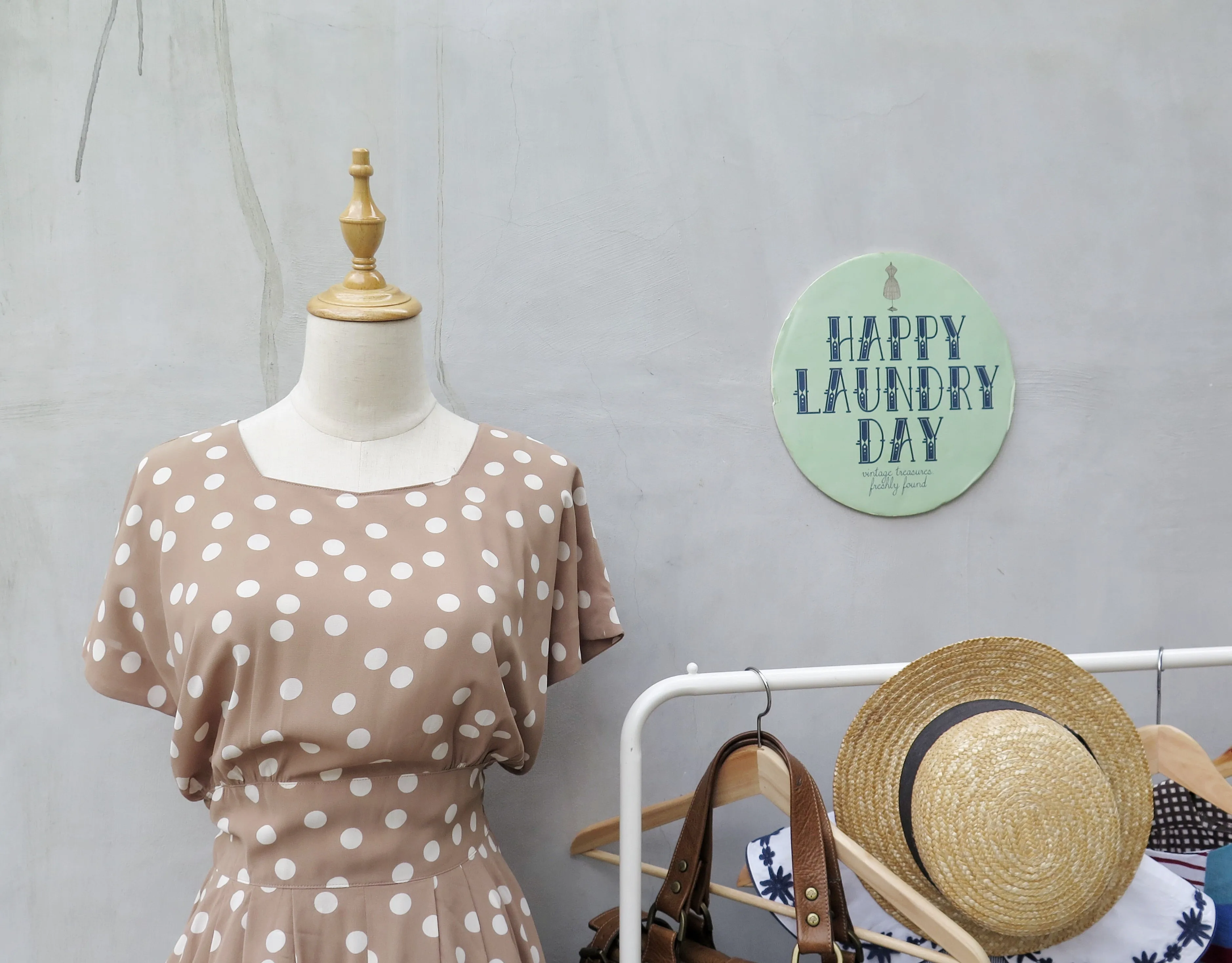 Khelli | Vintage 1980s-does-1950s light khaki brown polka dot dress luxurious touch 