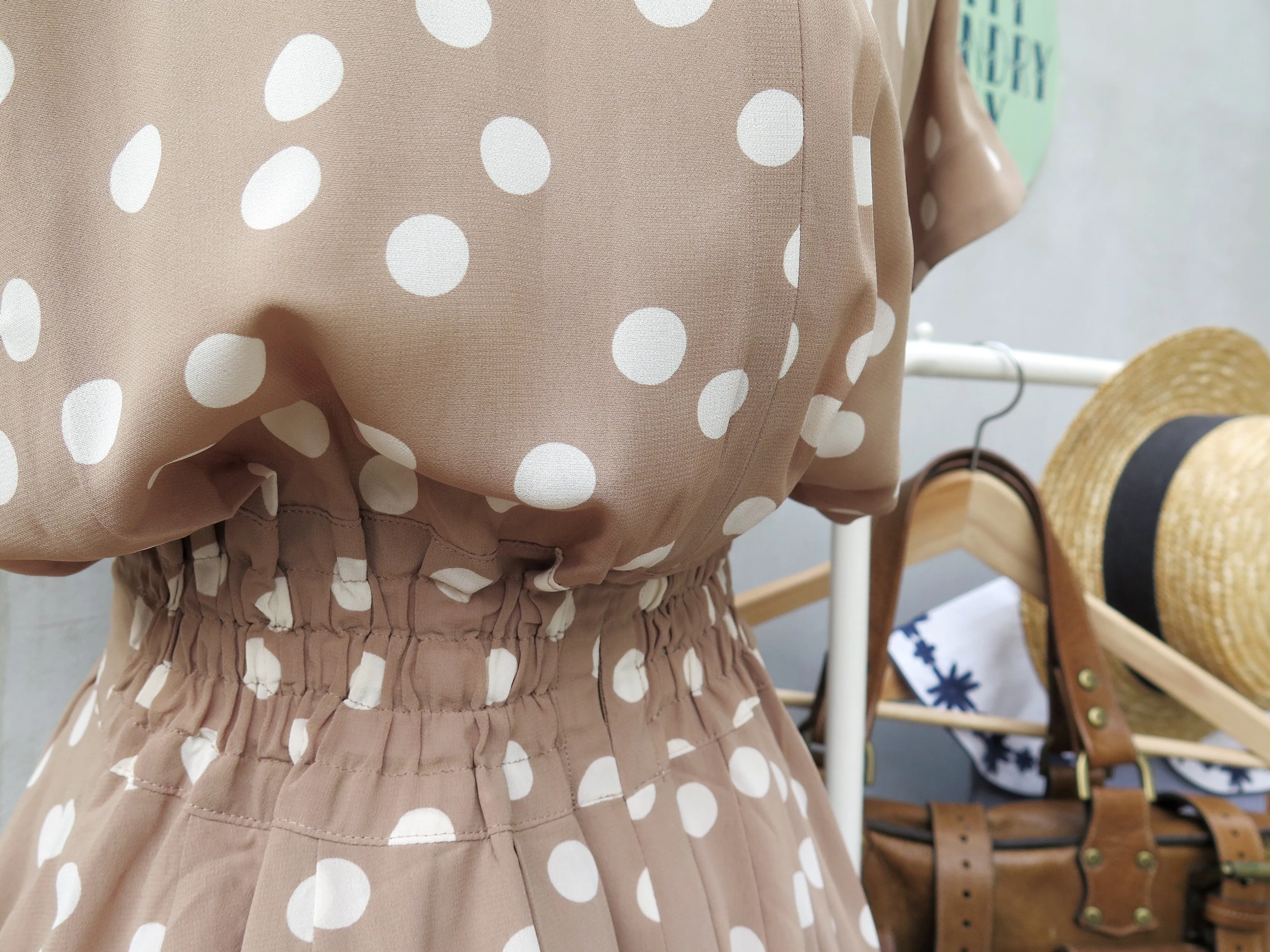 Khelli | Vintage 1980s-does-1950s light khaki brown polka dot dress luxurious touch 