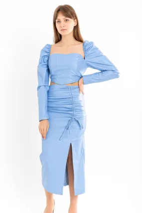 KKT Leather Fabric Above Knee Shirred Slit Women'S Skirt - Blue - Waldorf