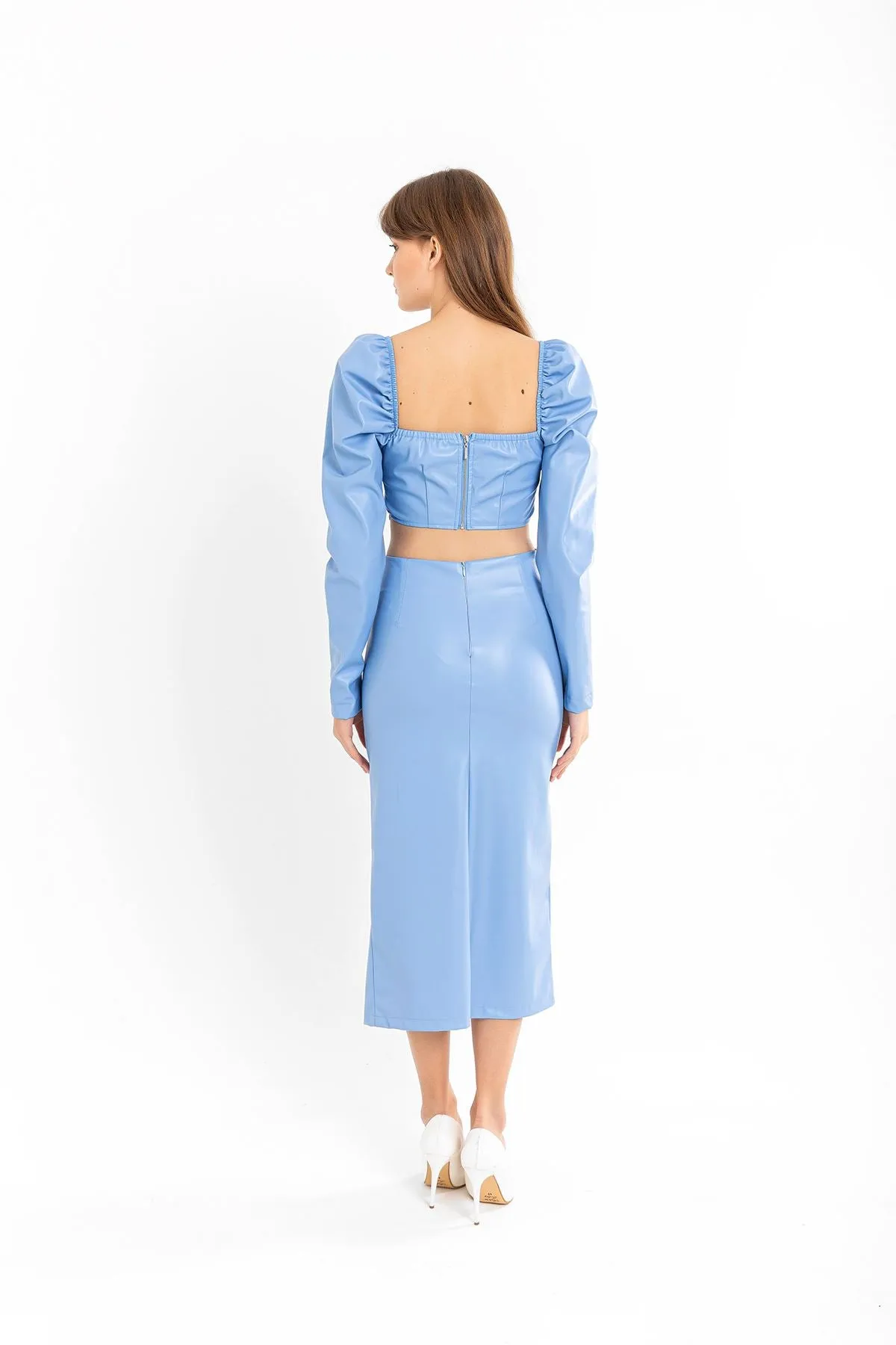 KKT Leather Fabric Above Knee Shirred Slit Women'S Skirt - Blue - Waldorf