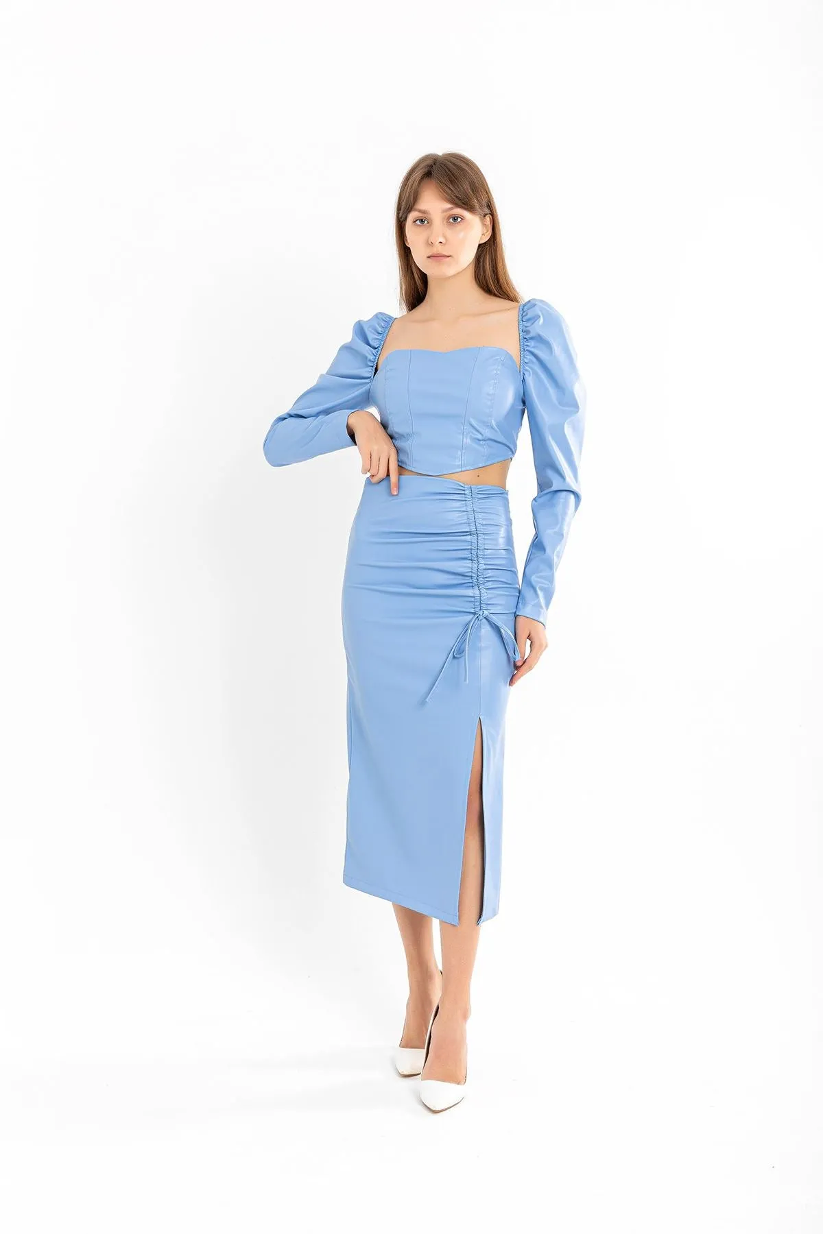KKT Leather Fabric Above Knee Shirred Slit Women'S Skirt - Blue - Waldorf