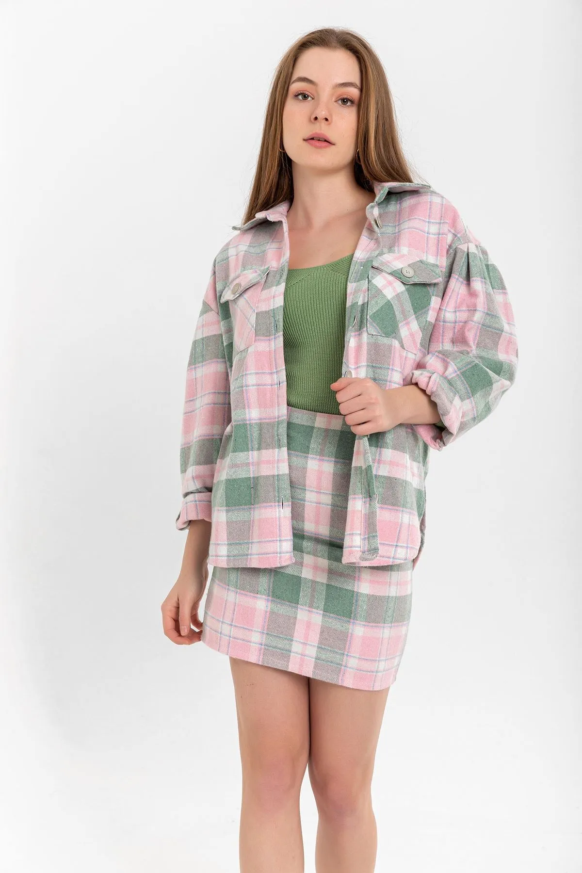 KKT Lumberjack Fabric Tight Fit Striped Mini Skirt - Light Pink - Bognor Regis