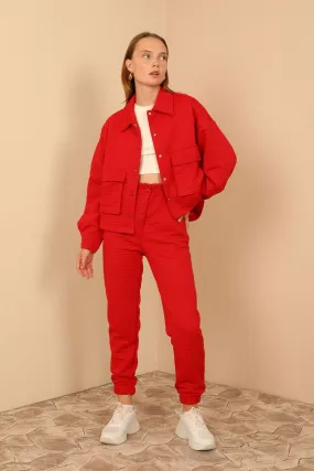 KKT Quilted Fabric Long Sleeve Shirt Collar Hip Height Oversize Button Up Women Jacket - Red - Garland