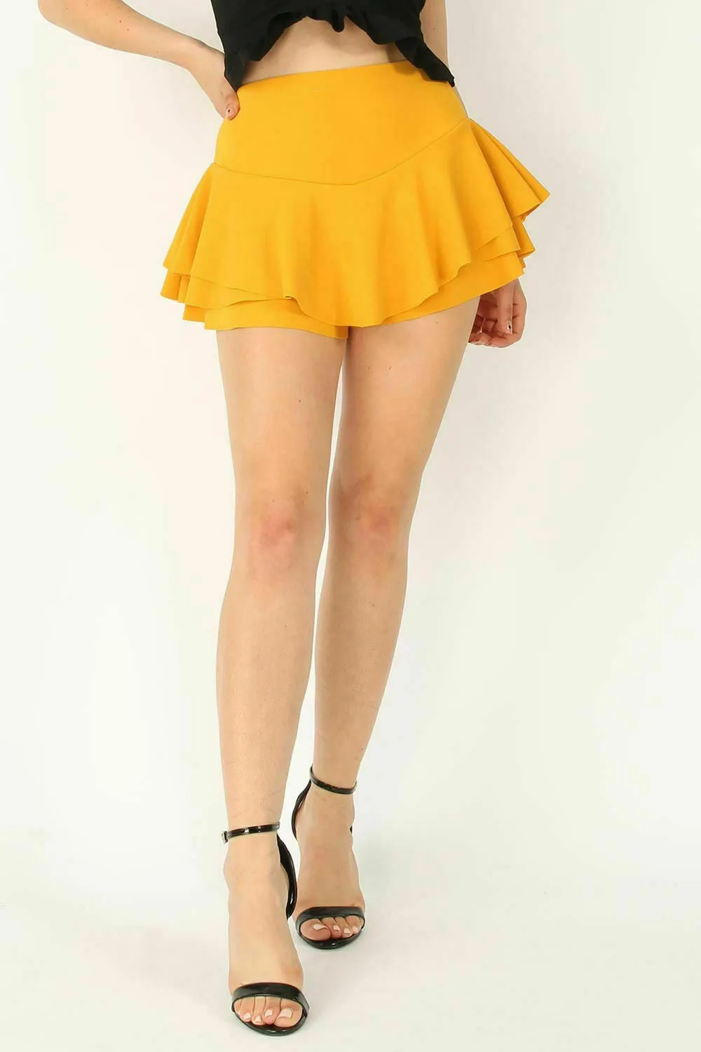 Ladies Plain Layered Ruffled Frill Skorts Womens High Waisted Skirt