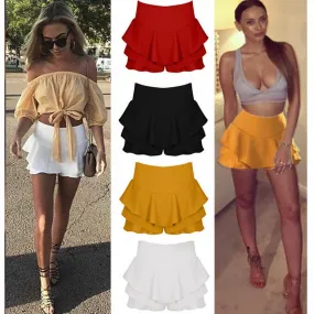 Ladies Plain Layered Ruffled Frill Skorts Womens High Waisted Skirt