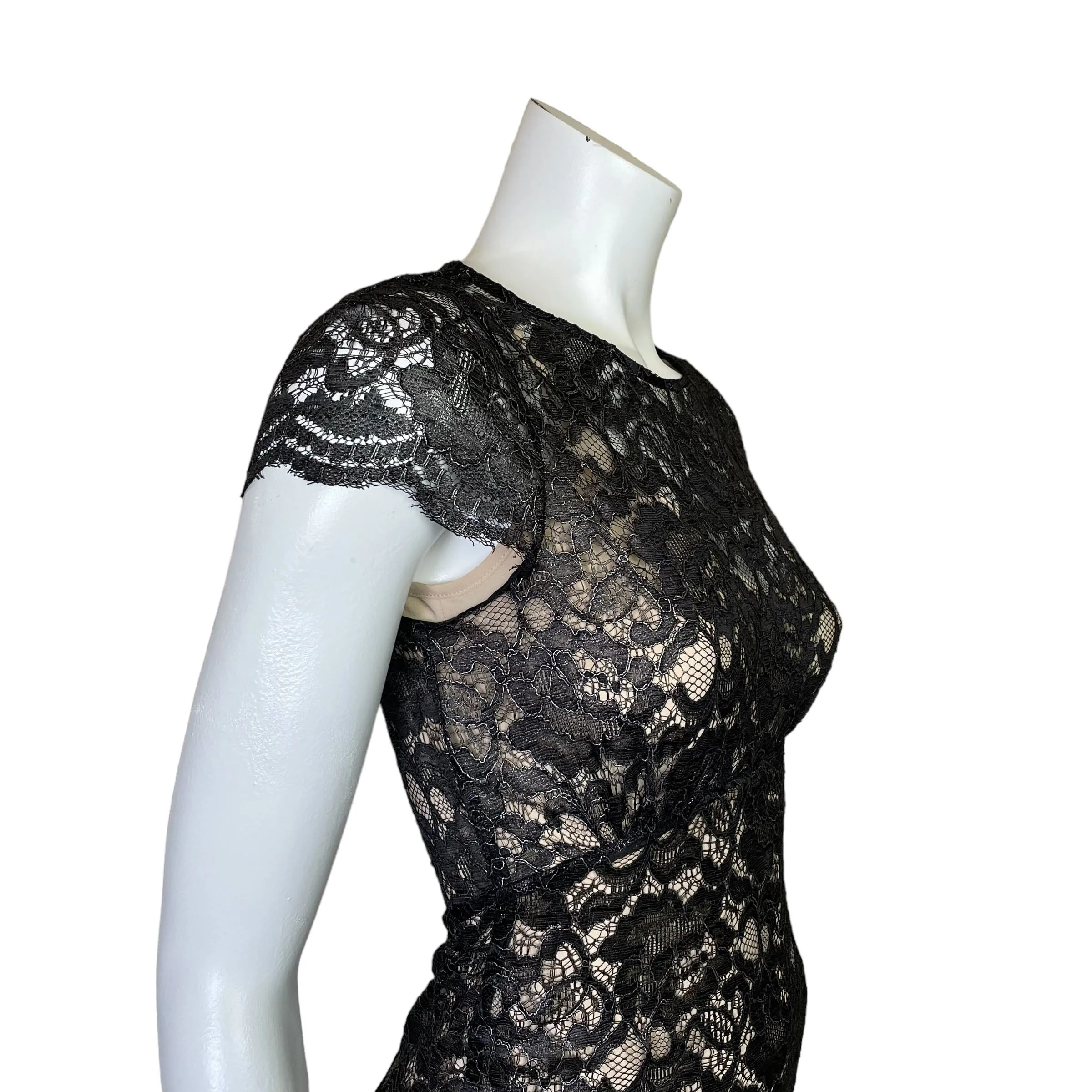 L'Agence | Women's Black Shimmer Lace Fitted Dress with Silk Slip | Size: 4