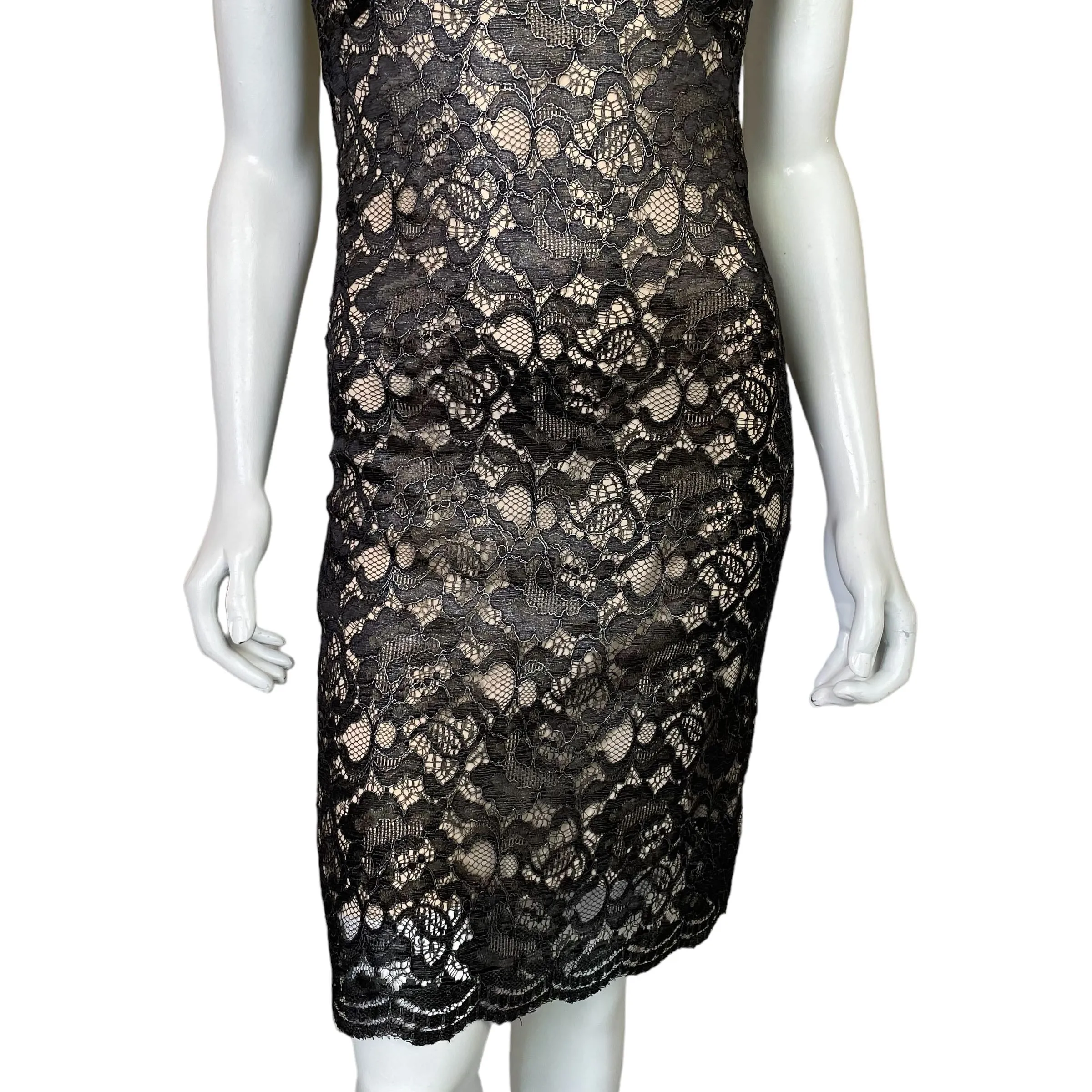 L'Agence | Women's Black Shimmer Lace Fitted Dress with Silk Slip | Size: 4