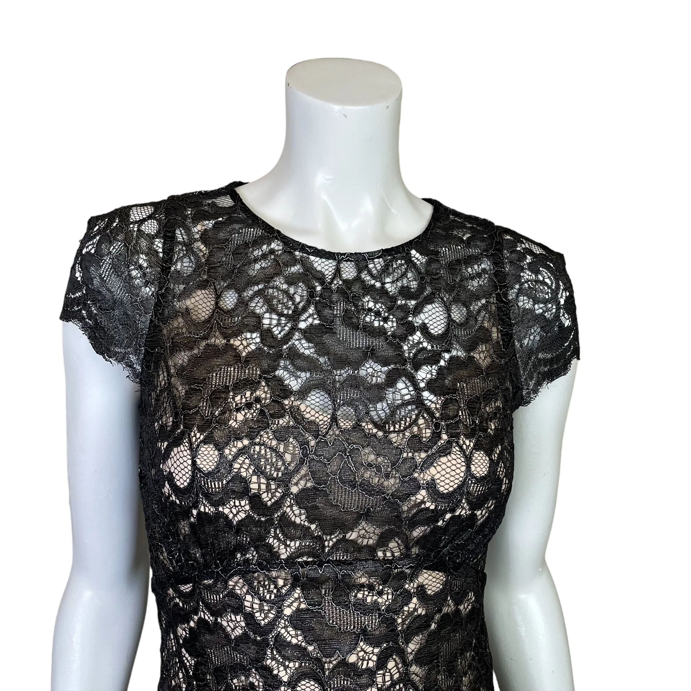 L'Agence | Women's Black Shimmer Lace Fitted Dress with Silk Slip | Size: 4