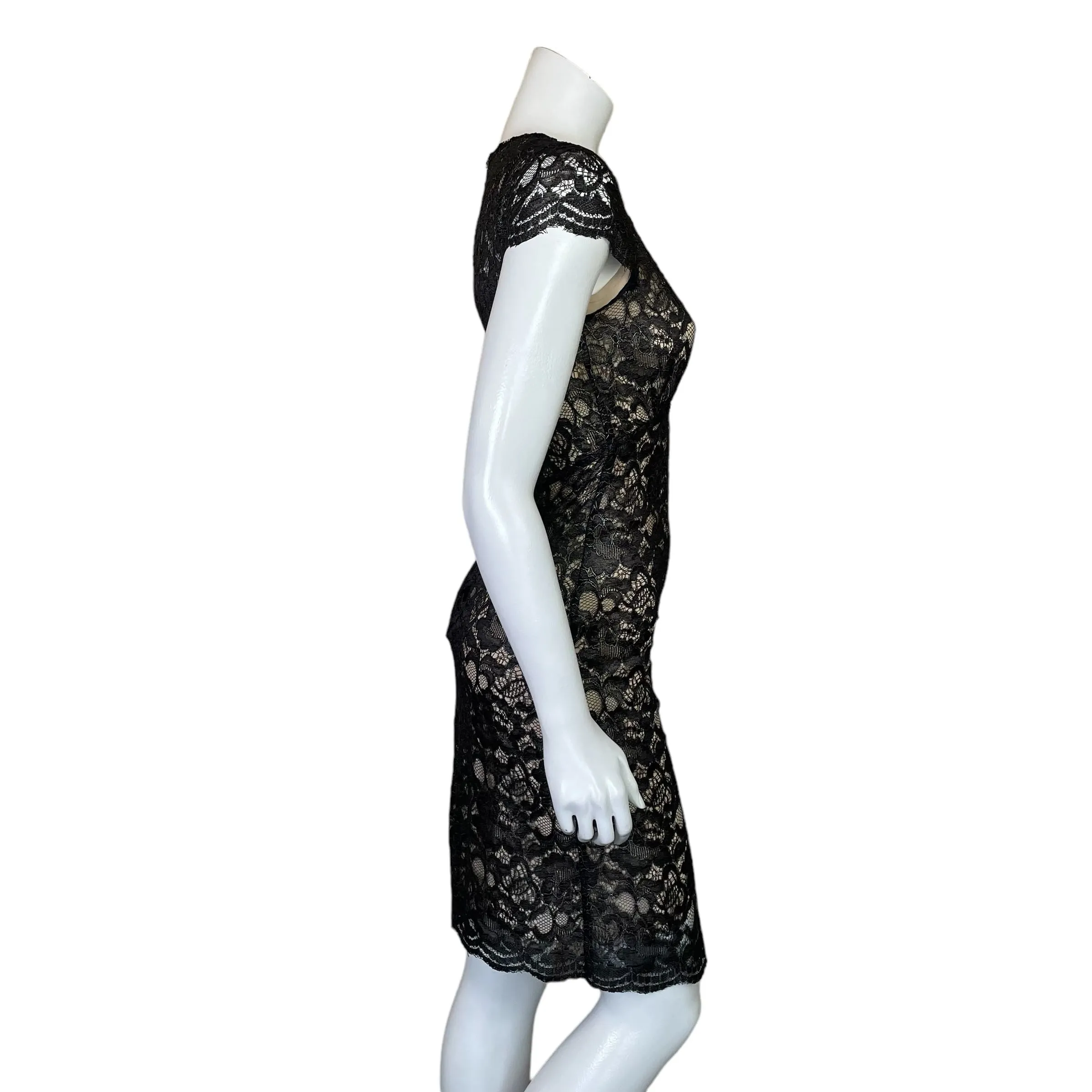 L'Agence | Women's Black Shimmer Lace Fitted Dress with Silk Slip | Size: 4