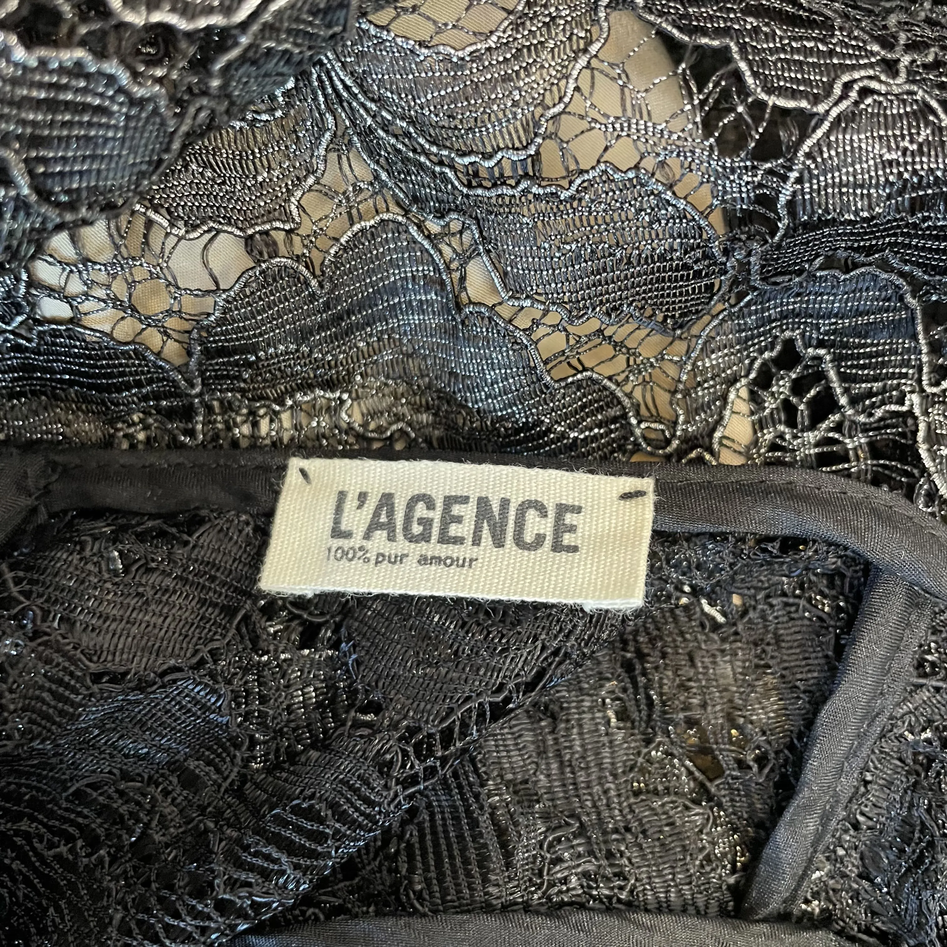 L'Agence | Women's Black Shimmer Lace Fitted Dress with Silk Slip | Size: 4
