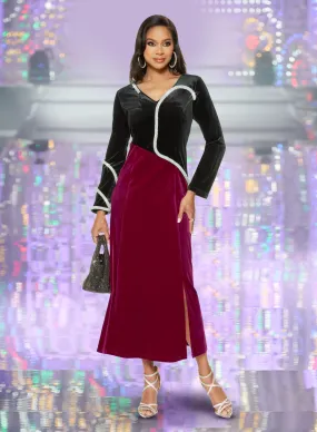 Love The Queen - 17490 - Embellished Velvet Two-tone Dress