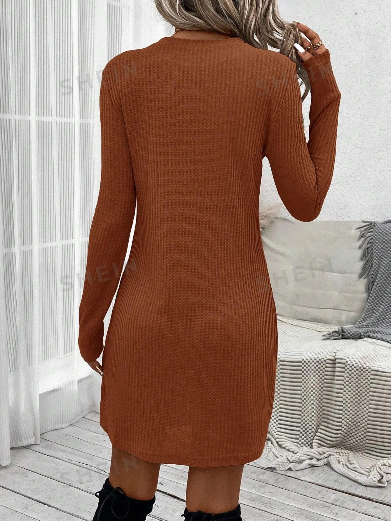 LUNE 4 Seasons Classic Twist Design Elastic Waffle Texture Women Long Sleeve Dress, Versatile