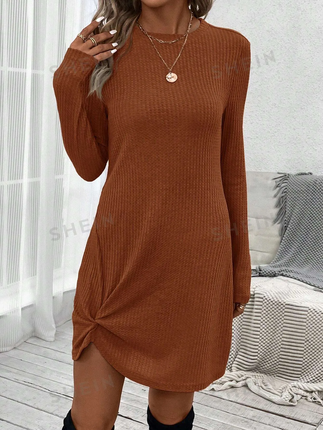 LUNE 4 Seasons Classic Twist Design Elastic Waffle Texture Women Long Sleeve Dress, Versatile