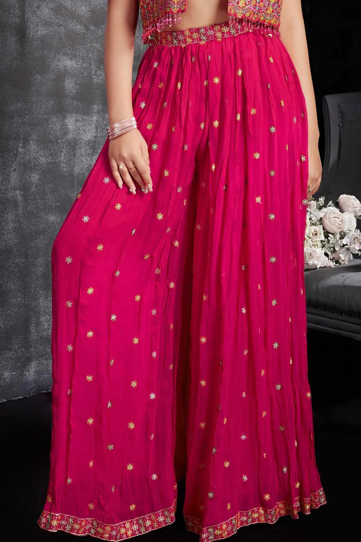 Luxe Rani Pink Sequins Work With Thread Embroidered Palazzo Set With Overcoat For Girls