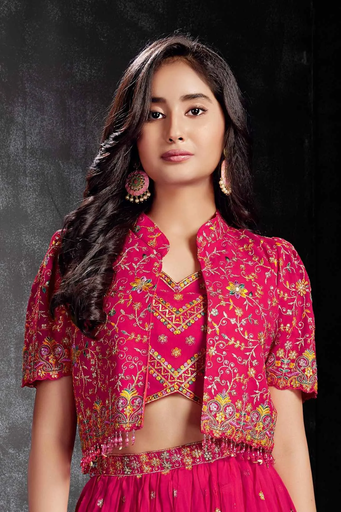 Luxe Rani Pink Sequins Work With Thread Embroidered Palazzo Set With Overcoat For Girls
