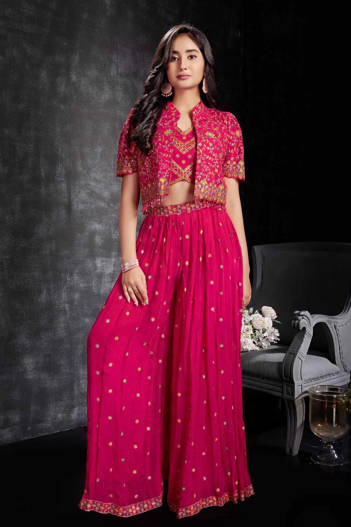 Luxe Rani Pink Sequins Work With Thread Embroidered Palazzo Set With Overcoat For Girls