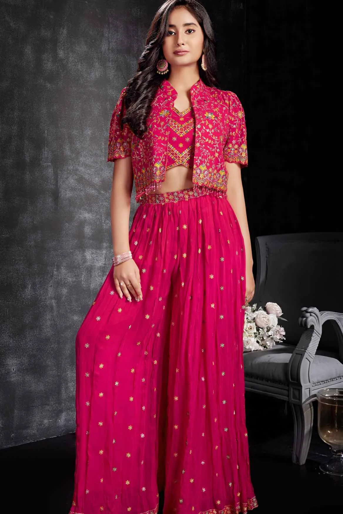 Luxe Rani Pink Sequins Work With Thread Embroidered Palazzo Set With Overcoat For Girls
