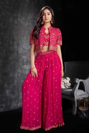 Luxe Rani Pink Sequins Work With Thread Embroidered Palazzo Set With Overcoat For Girls