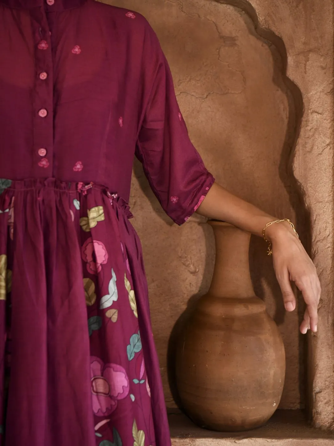 Mahogany Chanderi Silk Shirt Dress with Slip