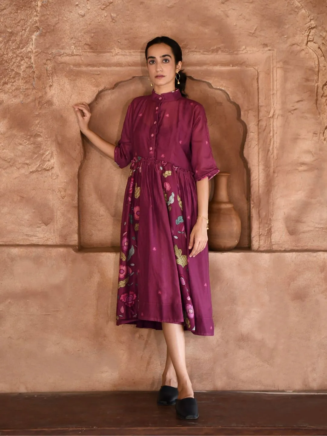 Mahogany Chanderi Silk Shirt Dress with Slip