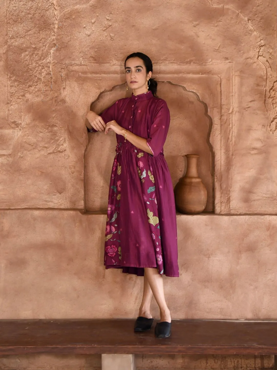 Mahogany Chanderi Silk Shirt Dress with Slip