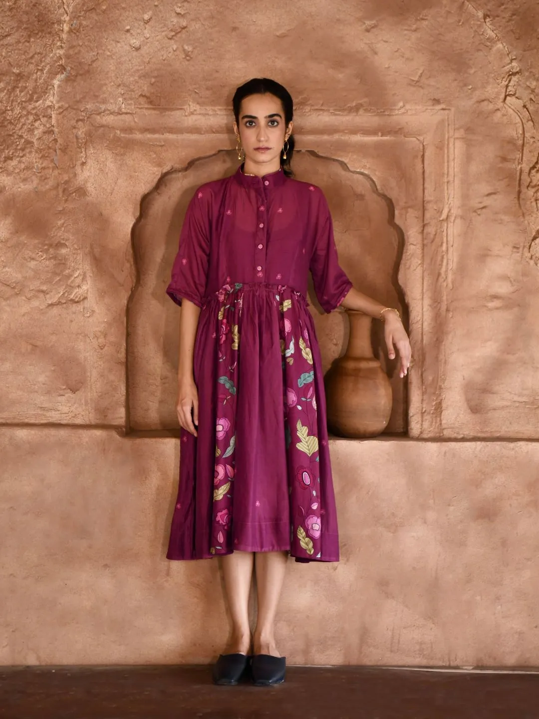 Mahogany Chanderi Silk Shirt Dress with Slip
