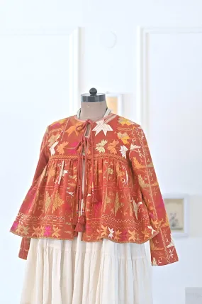Medium, Simrit, Handmade Vintage Phulkari Cropped Boho Jacket, Kediya Style