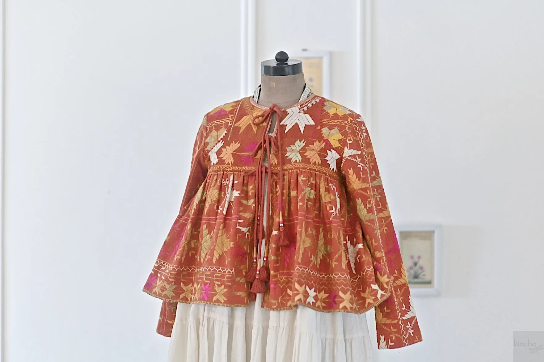 Medium, Simrit, Handmade Vintage Phulkari Cropped Boho Jacket, Kediya Style