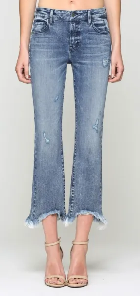 Medium Wash Grinded Frayed Cropped Flare