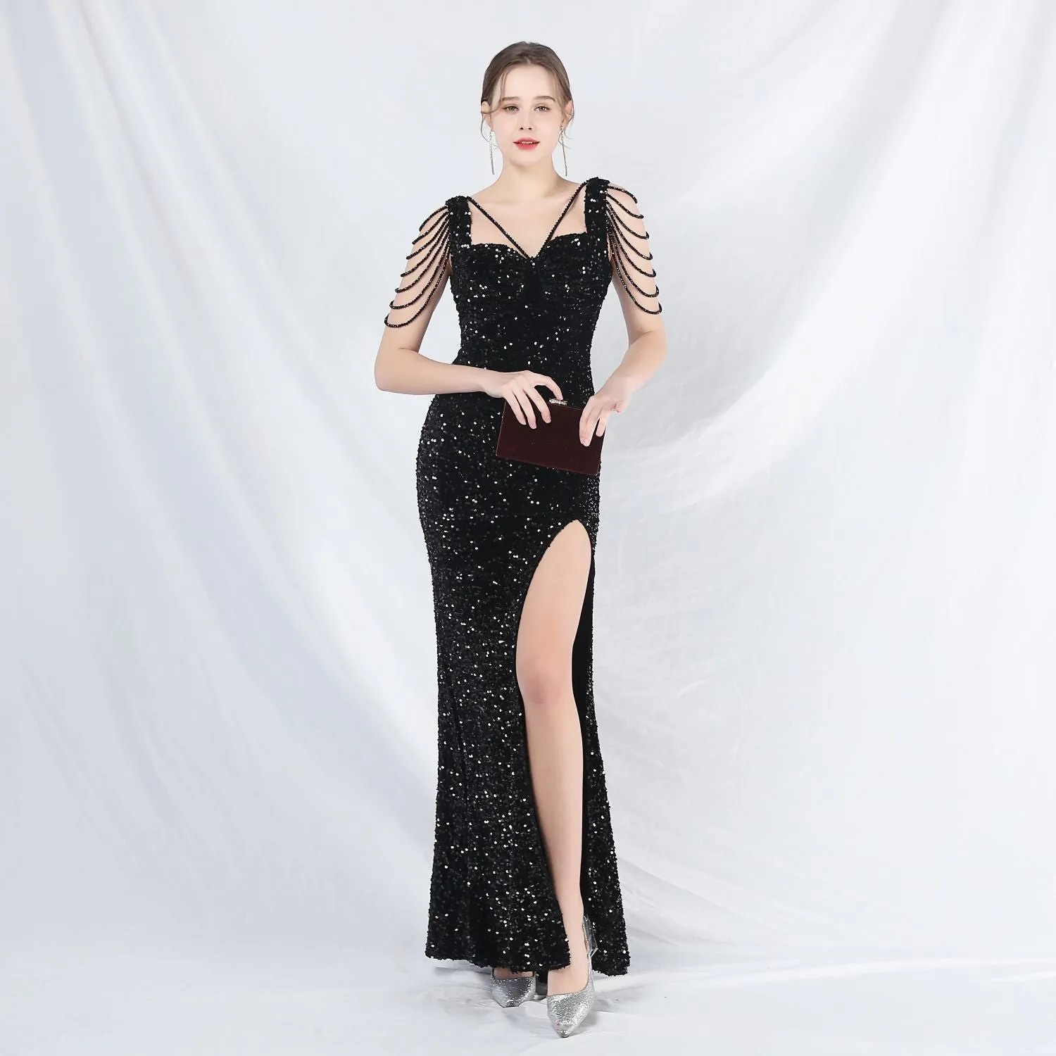Metis-31828-Velvet Backed Beaded Formal Dress
