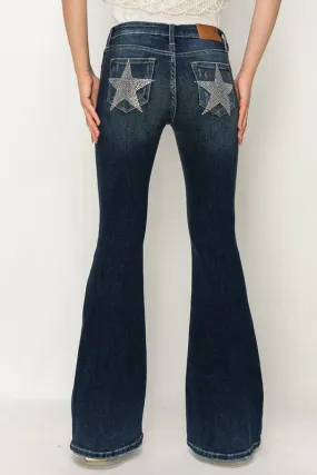 MID RISE FLARE STAR RHINESTONE ON POCKETS JEANS