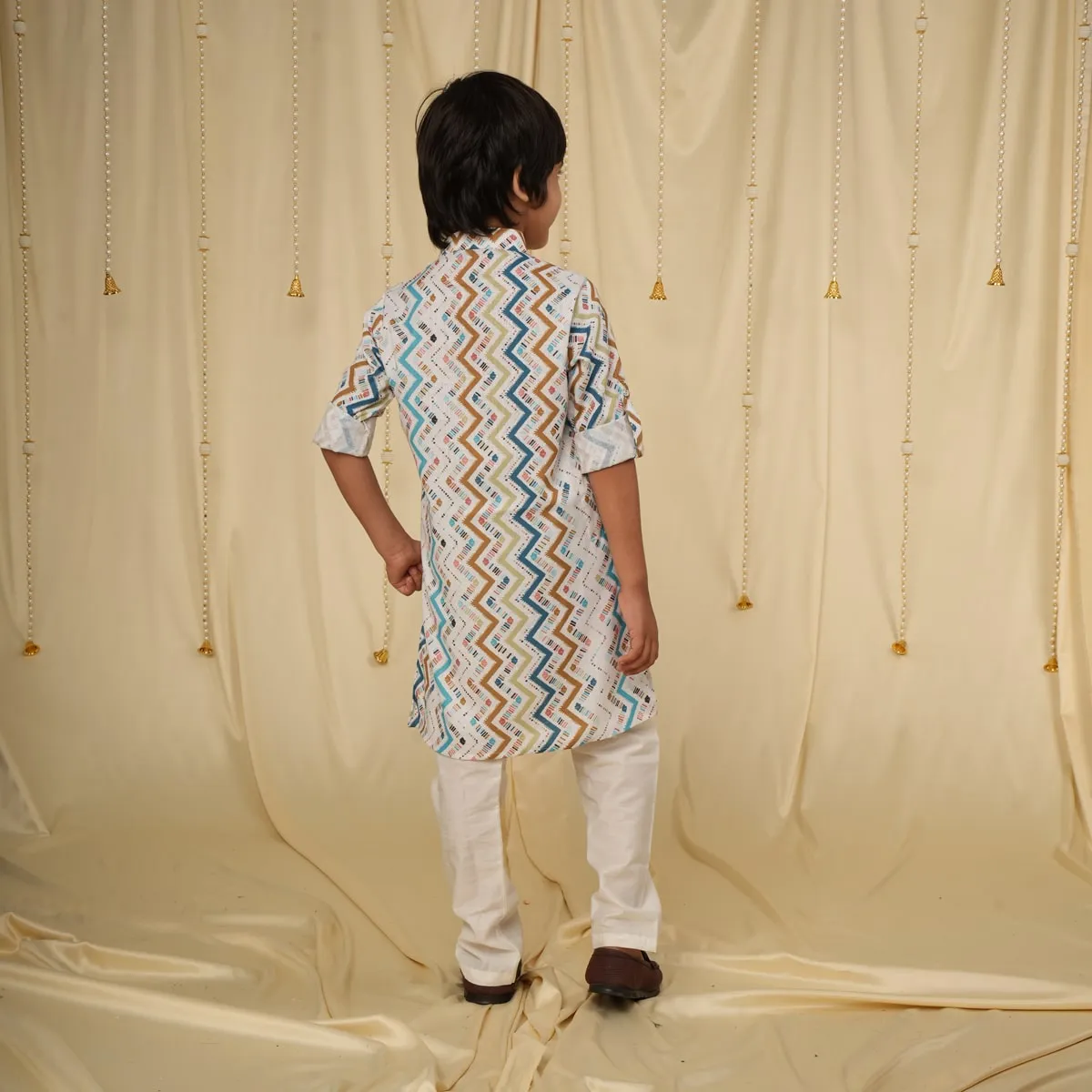 Ministitch full sleeves printed kurta and pyjama set for boys - White, blue, Brown