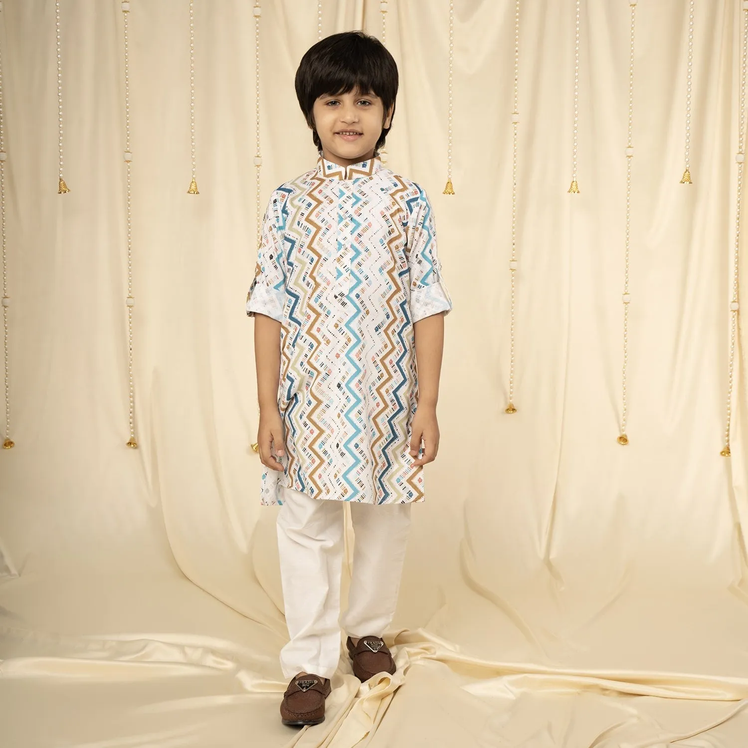 Ministitch full sleeves printed kurta and pyjama set for boys - White, blue, Brown