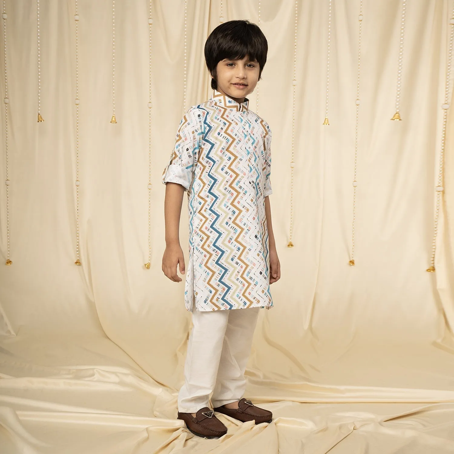 Ministitch full sleeves printed kurta and pyjama set for boys - White, blue, Brown
