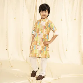 Ministitch full sleeves printed kurta and pyjama set for boys - Yellow, Brown, Seagreen