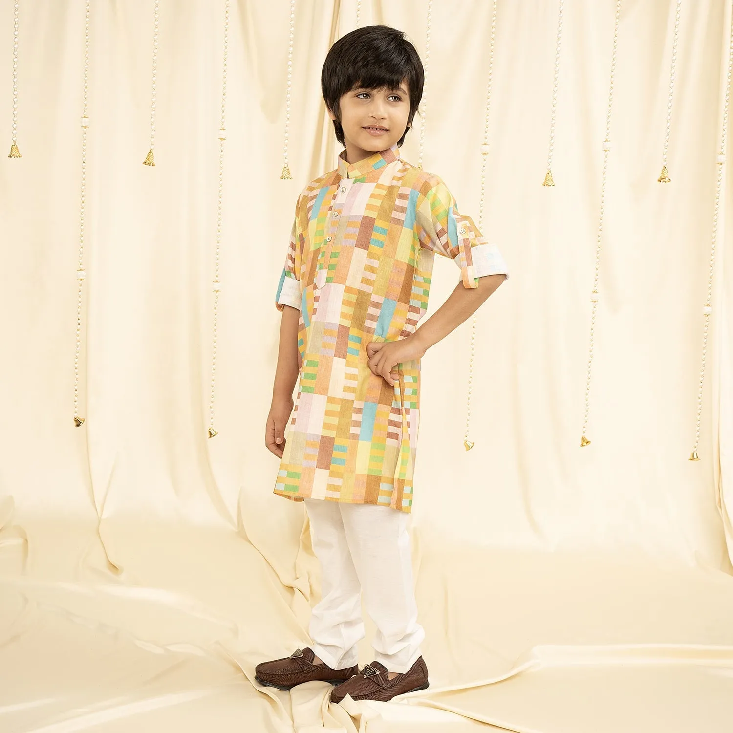 Ministitch full sleeves printed kurta and pyjama set for boys - Yellow, Brown, Seagreen