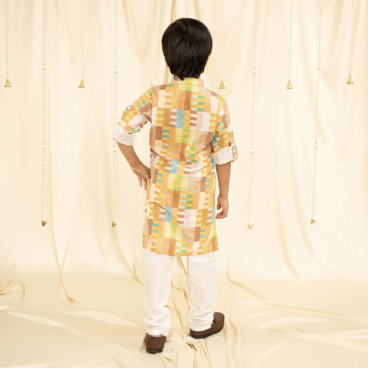 Ministitch full sleeves printed kurta and pyjama set for boys - Yellow, Brown, Seagreen