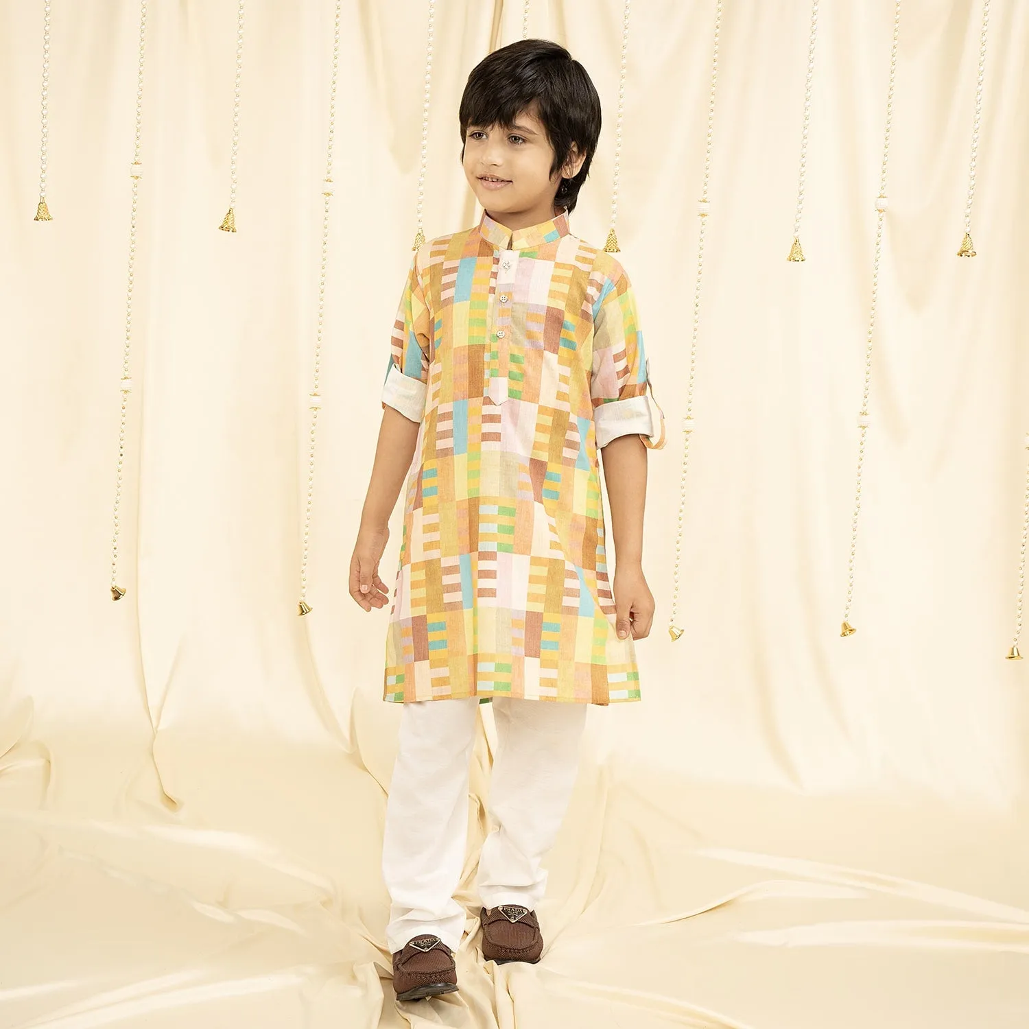 Ministitch full sleeves printed kurta and pyjama set for boys - Yellow, Brown, Seagreen