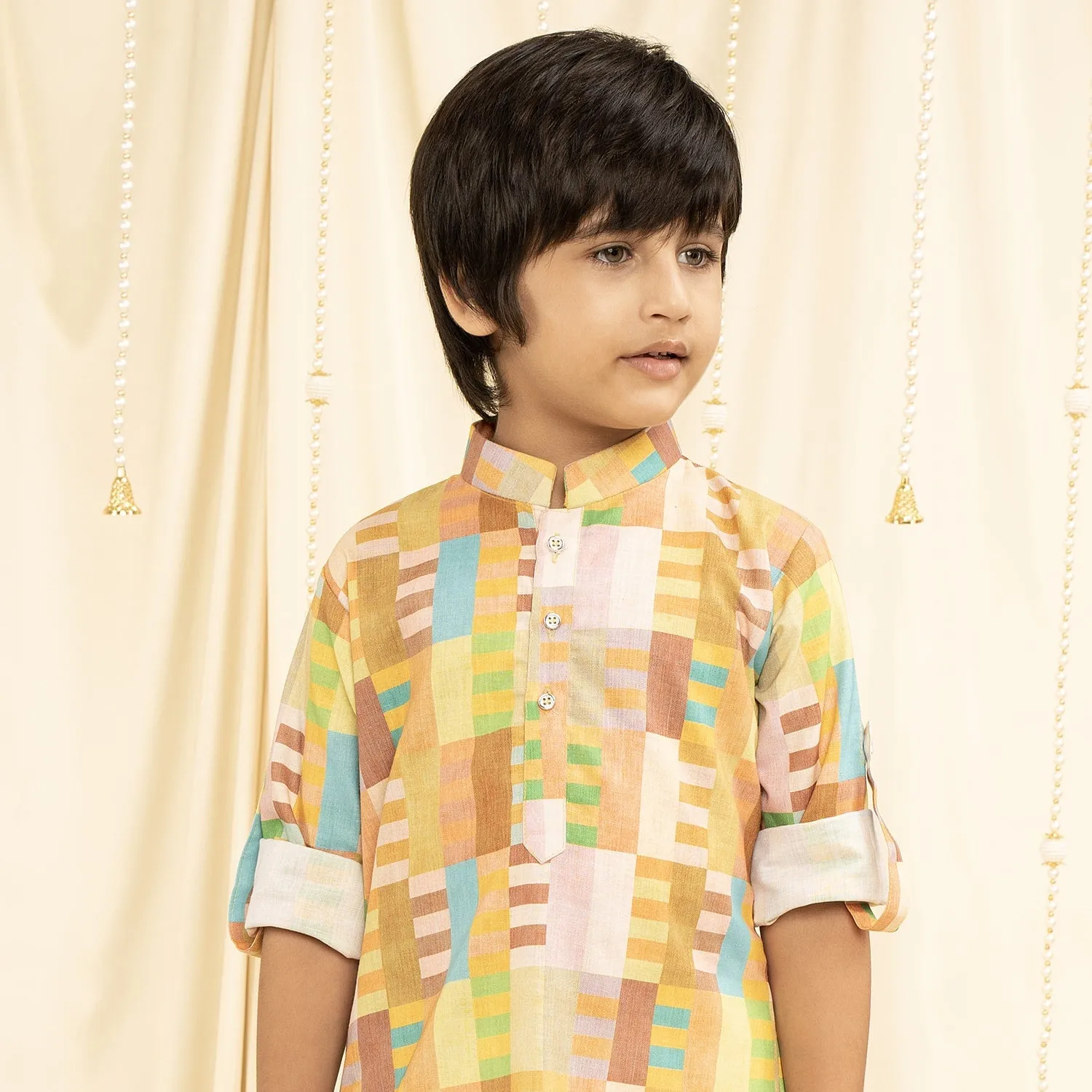 Ministitch full sleeves printed kurta and pyjama set for boys - Yellow, Brown, Seagreen