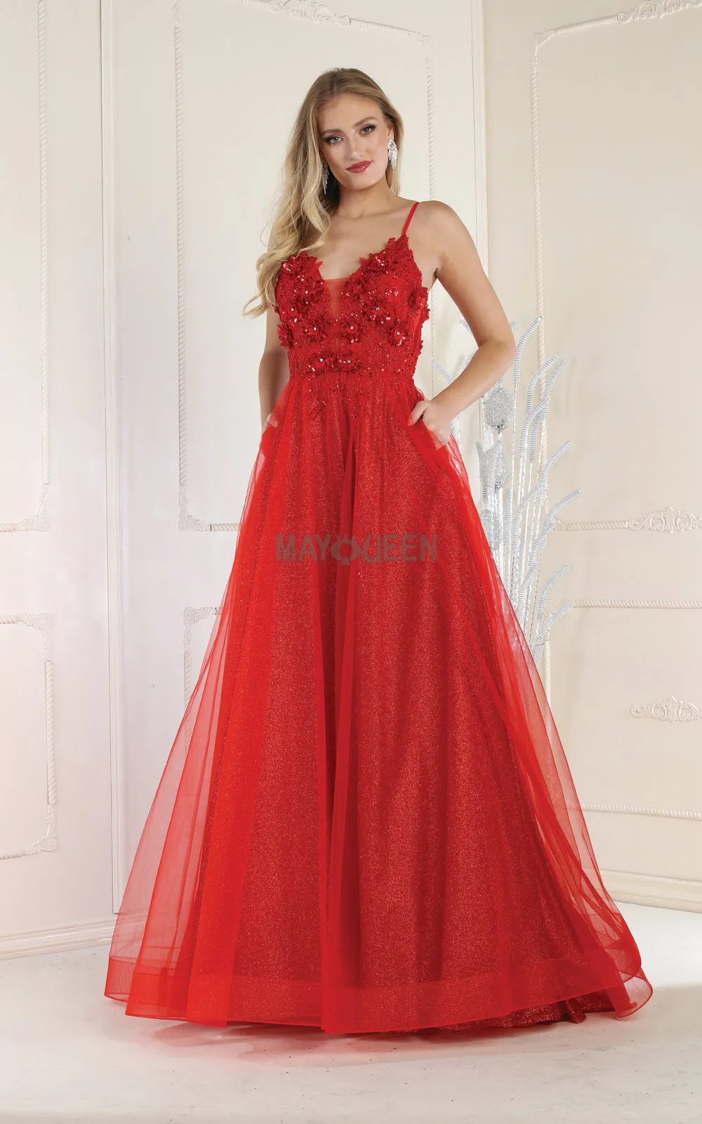 MQ 8024 - A-Line Plunging Neckline Prom Gown with 3D Applique Bodice