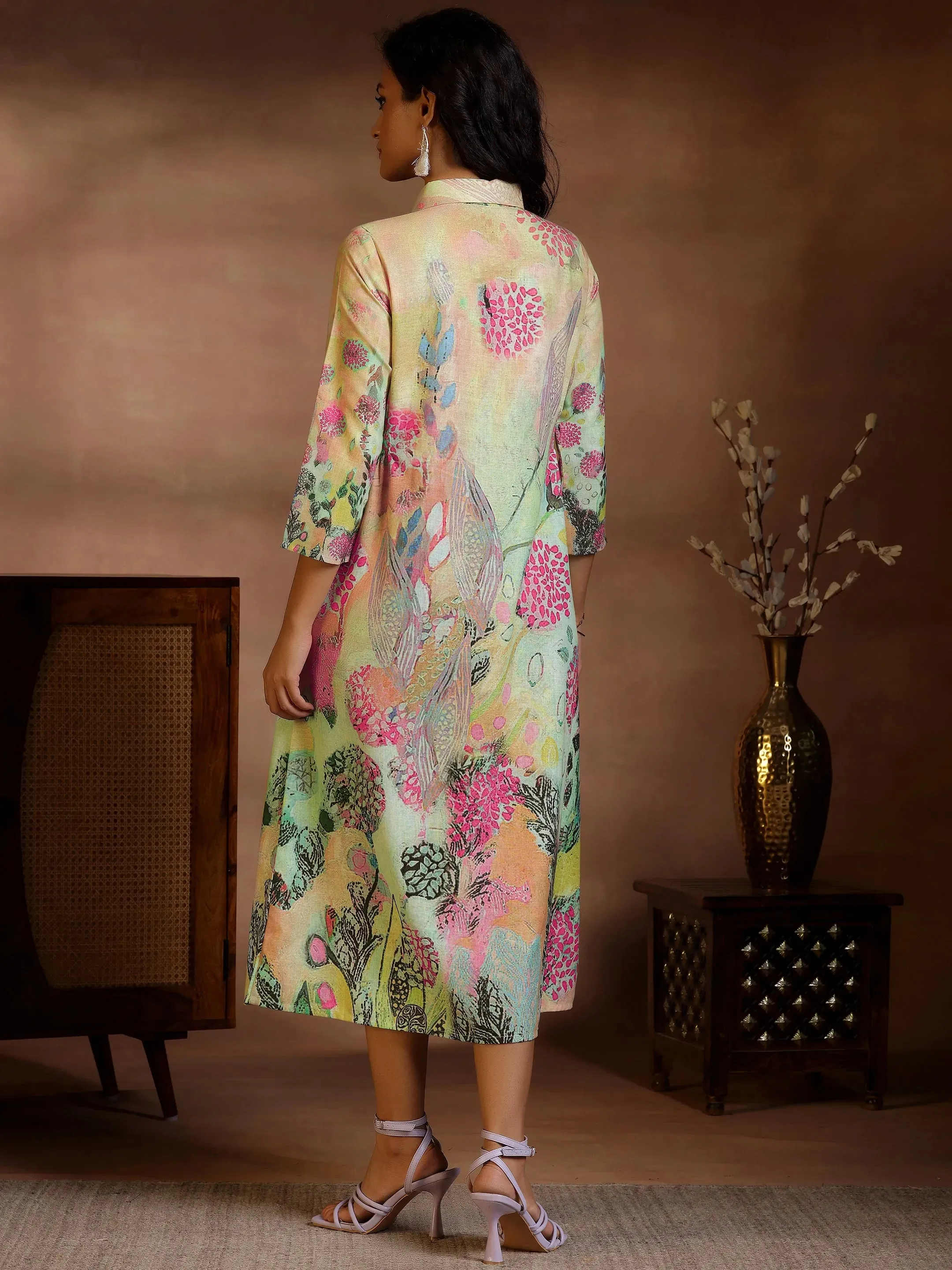 Multi Printed Linen Shirt Dress
