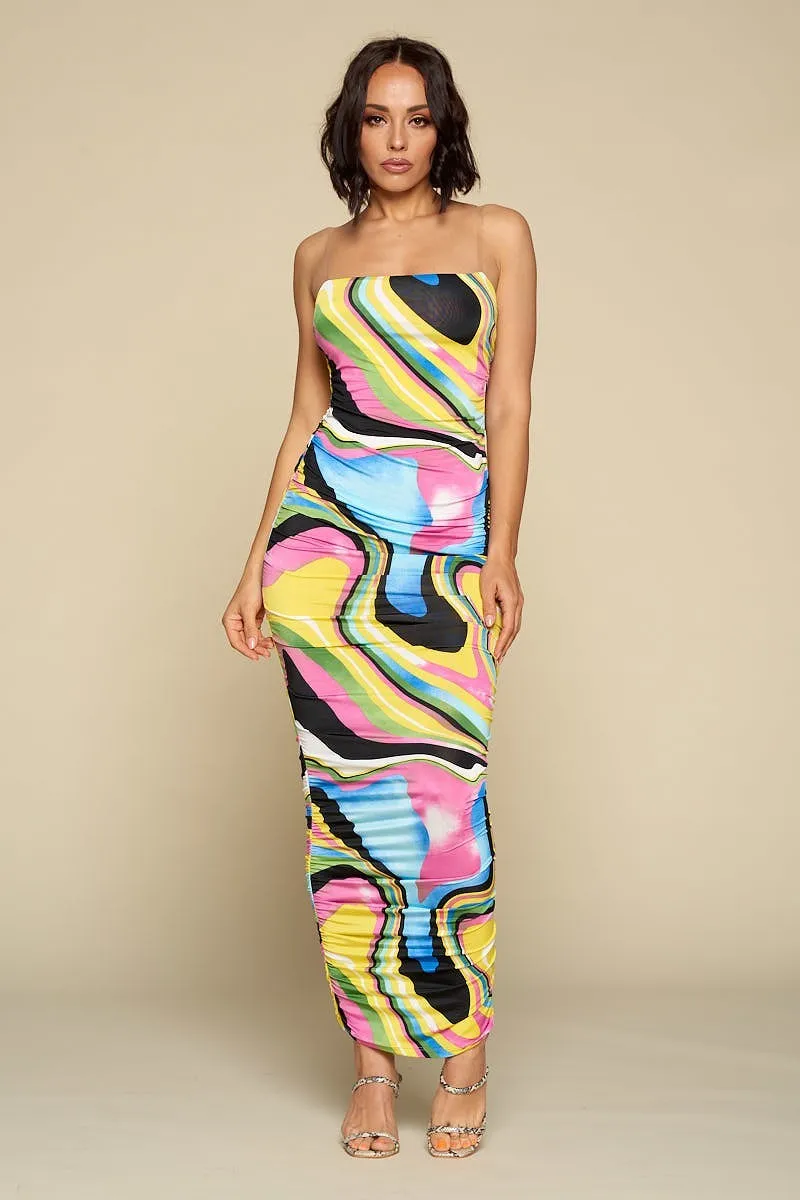 Multicolor Bodycon Maxi Dress, Clear Spaghetti Straps, Ruched Detail
