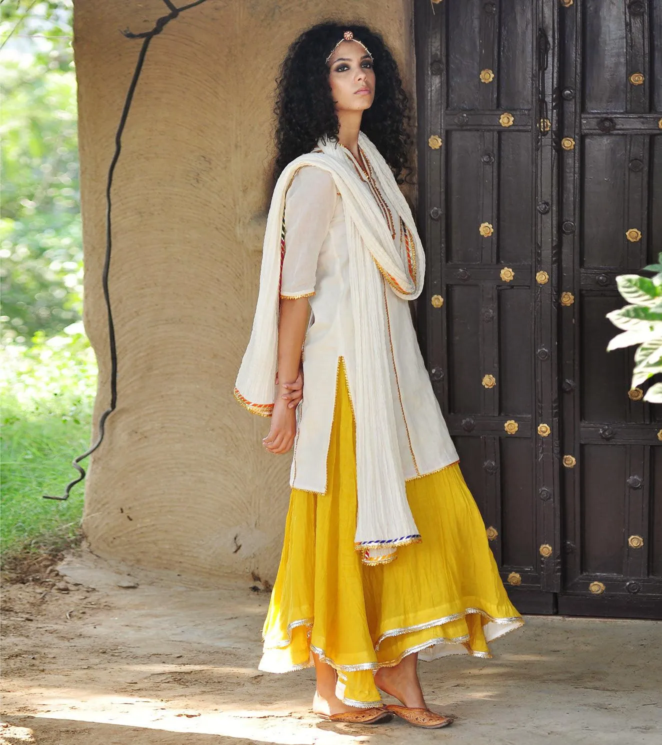 MUSTARD AND IVORY GHAGRA KURTI SET