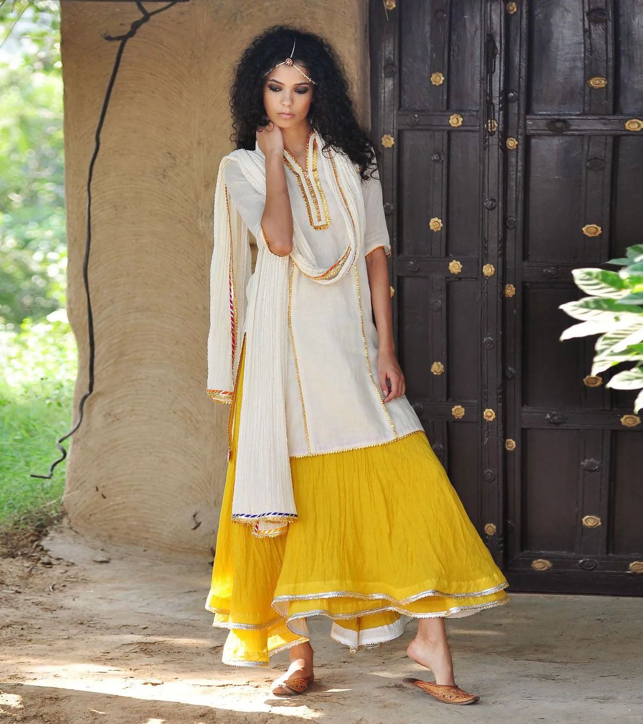MUSTARD AND IVORY GHAGRA KURTI SET