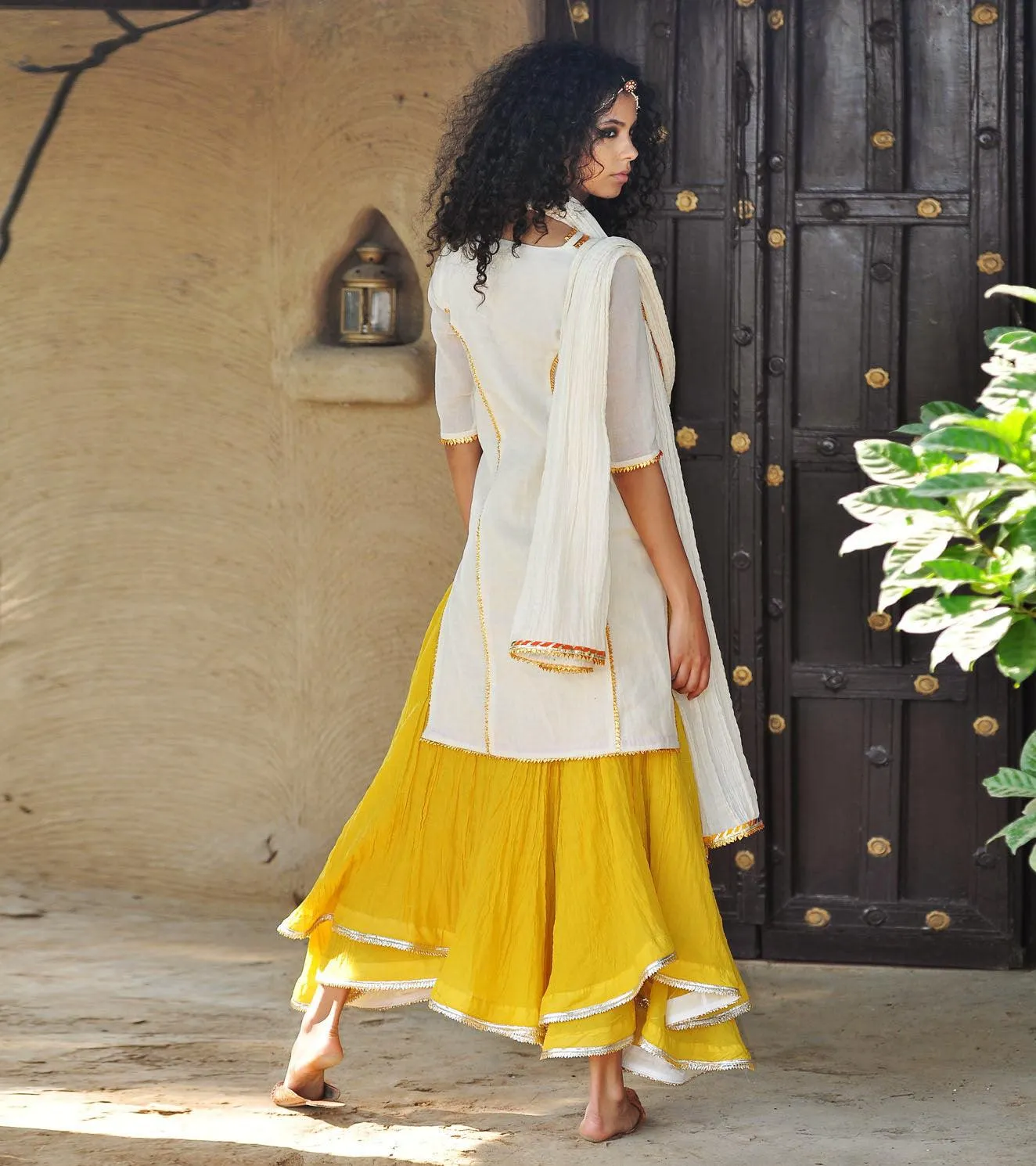 MUSTARD AND IVORY GHAGRA KURTI SET