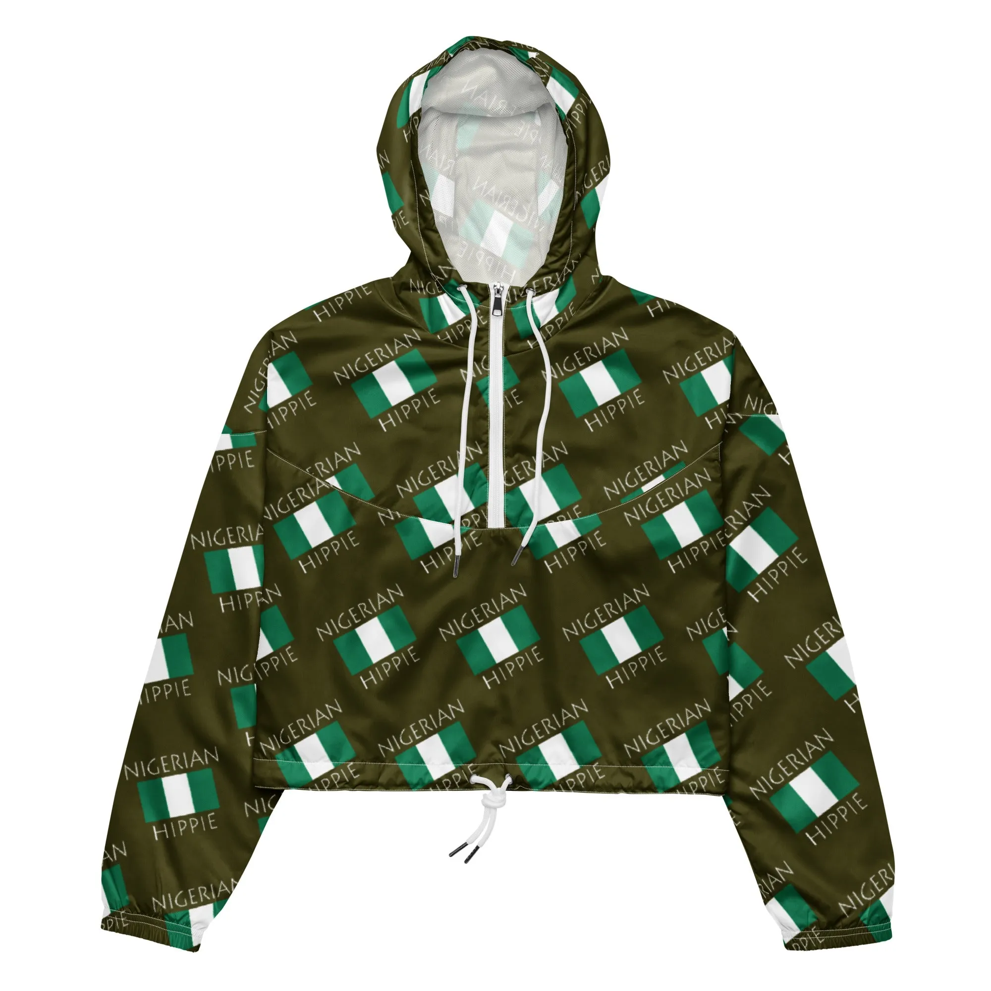 Nigerian Flag Hippie Women’s Stylish cropped half-zip windbreaker