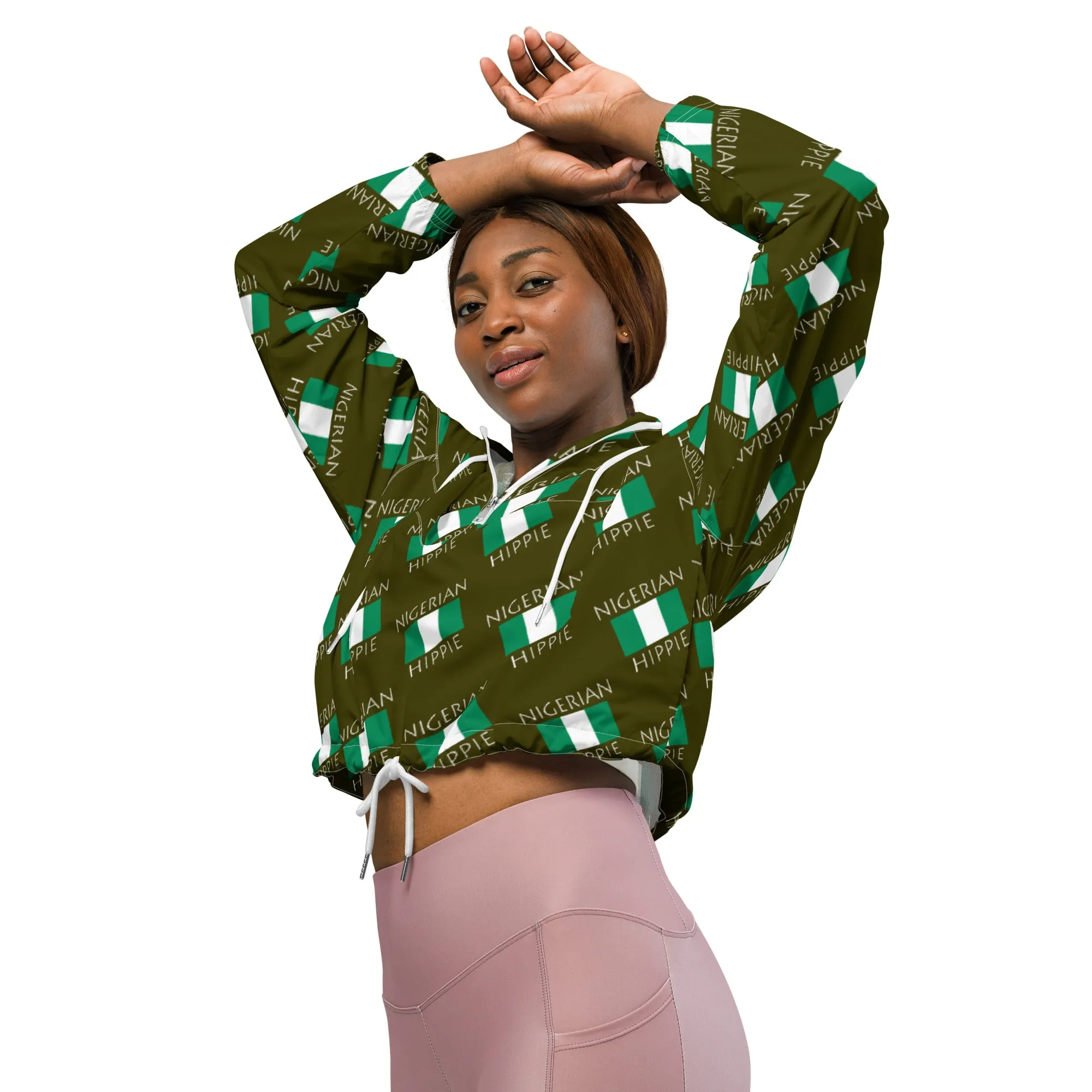Nigerian Flag Hippie Women’s Stylish cropped half-zip windbreaker